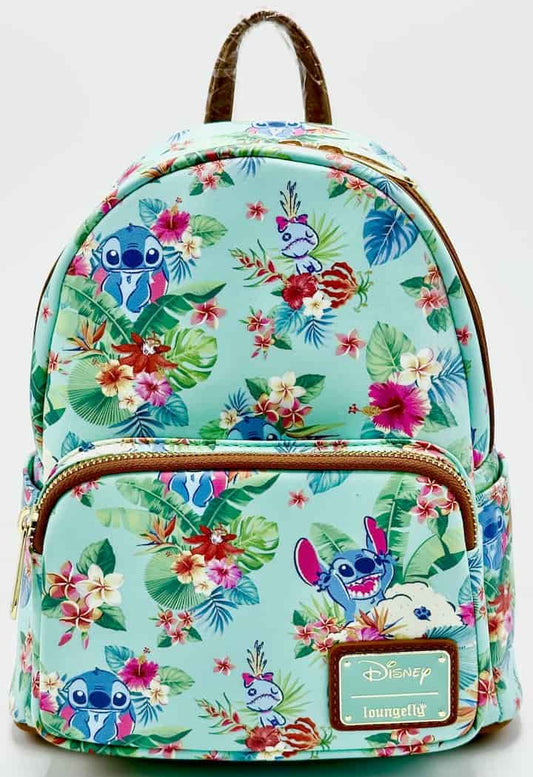 Loungefly Disney Lilo Stitch Mint Floral Mini Backpack Tropical AOP Bag Front Full View