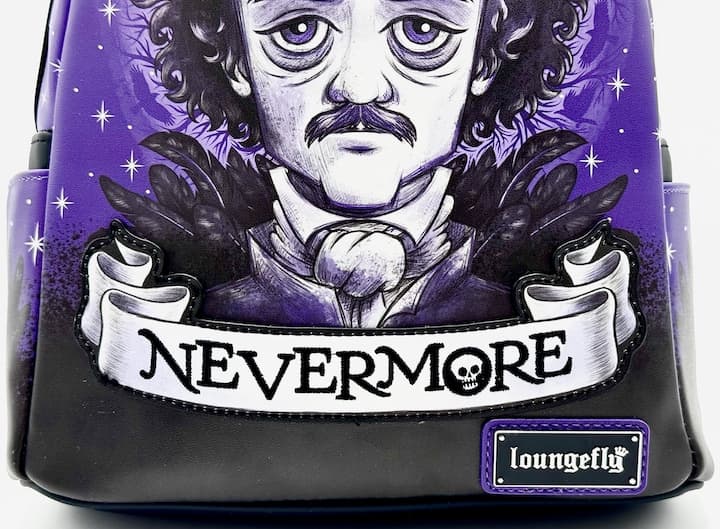 Loungefly Edgar Allen Poe Portrait Mini Backpack Nevermore Bag Front Wording