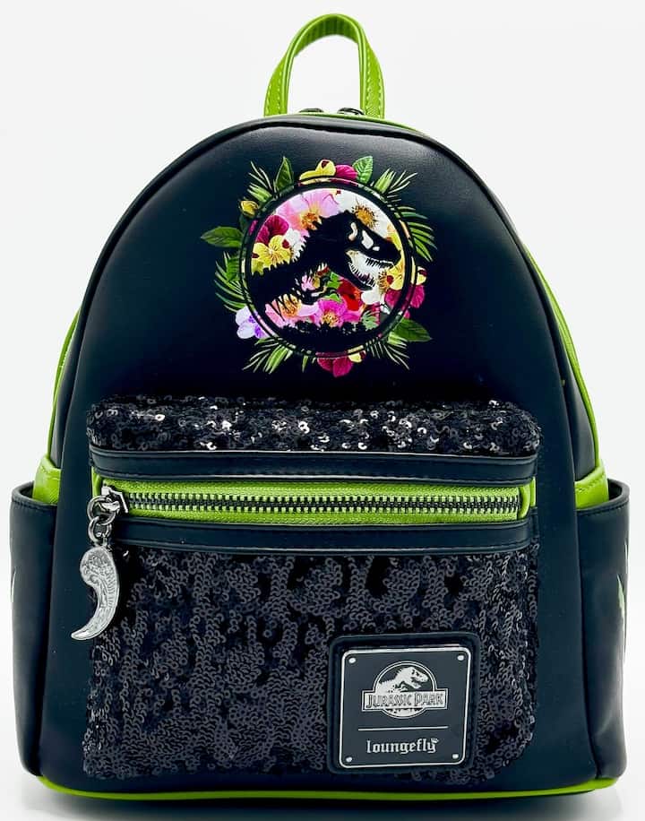 Loungefly Jurassic Park Sequin Green Mini Backpack Floral Bag Front Full View