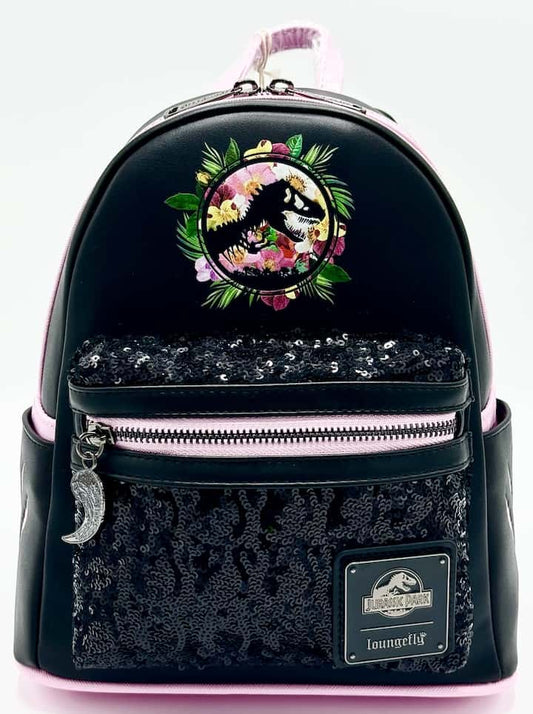 Loungefly Jurassic Park Sequin Pink Mini Backpack Floral Bag Front Full View