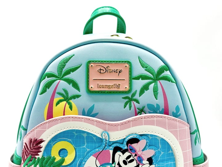 Loungefly Minnie Mouse Holiday Vacation Mini Backpack Swimming Pool Bag Front Enamel Logo