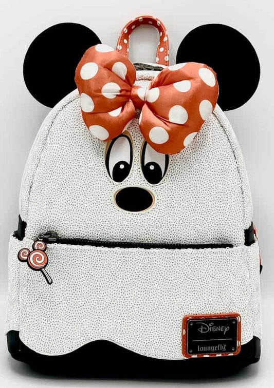 Loungefly Minnie Mouse Sequin Ghost Mini Backpack Glow Halloween Bag Front Full View