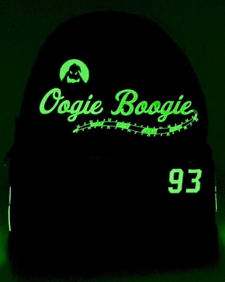 Loungefly Oogie Boogie Football Team Jersey Mini Backpack NBC Bag Glow In The Dark Front Full View