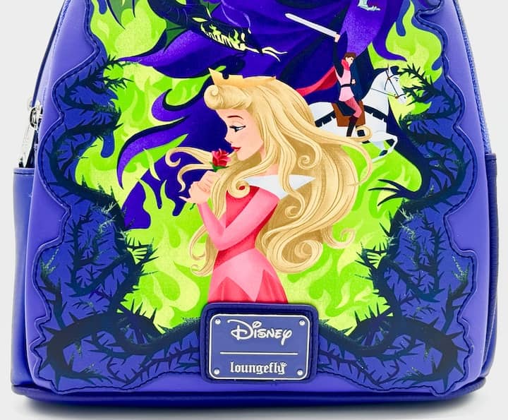 Loungefly Sleeping Beauty Maleficent Mini Backpack Disney Portrait Bag Front Bottom Artwork And Enamel Logo
